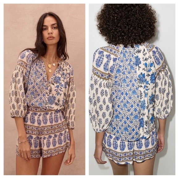 Boteh / Lazuli Smock Top neutral floral puff sleeve Blue 1 small 4 - Picture 1 of 12
